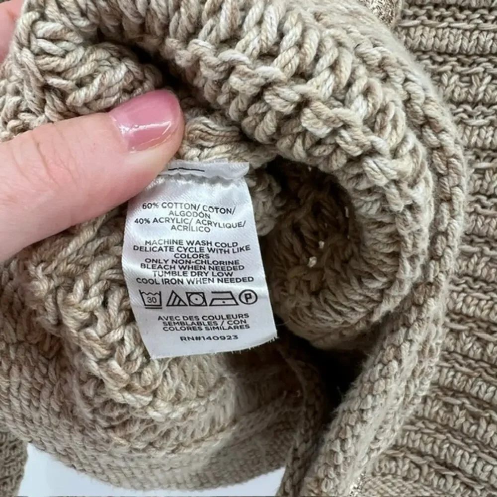 LOFT Chunky Knit Cardigan Sweater Womens L Oatmeal Beige Gold Buttons Cottage